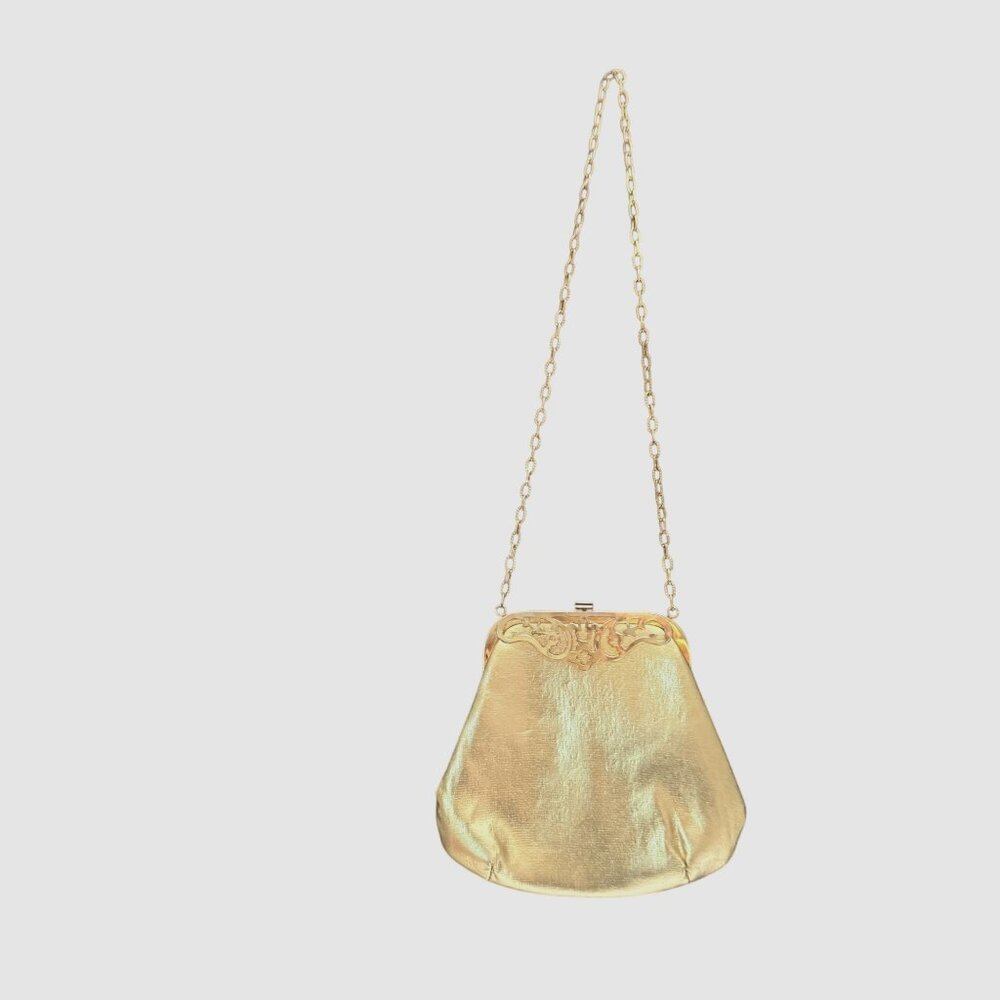 Harry Levine HL Vintage Gold Metal Frame Evening Bag With Chain Strap & Ornate C